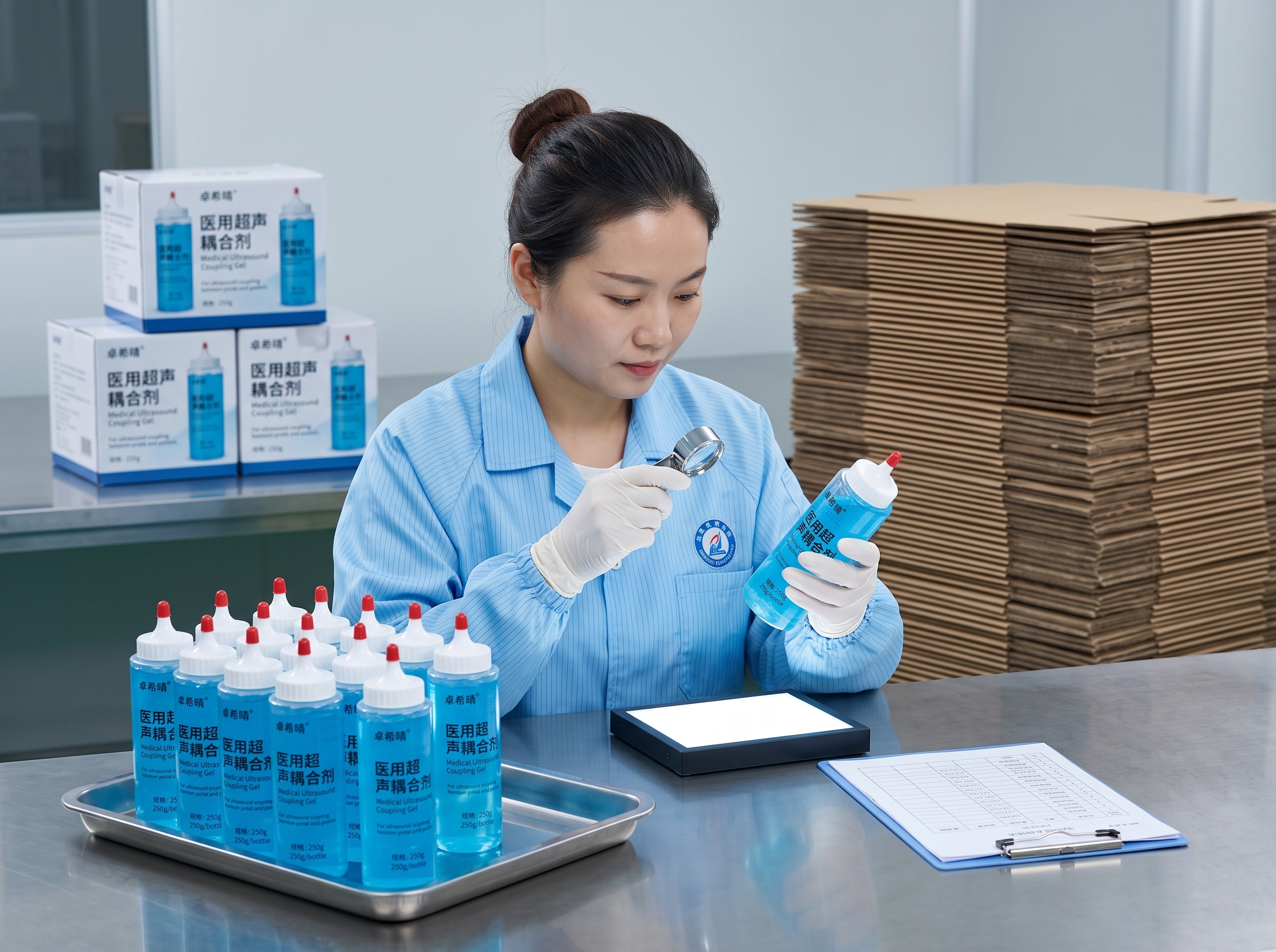 Worker inspecting medical ultrasound coupling gel